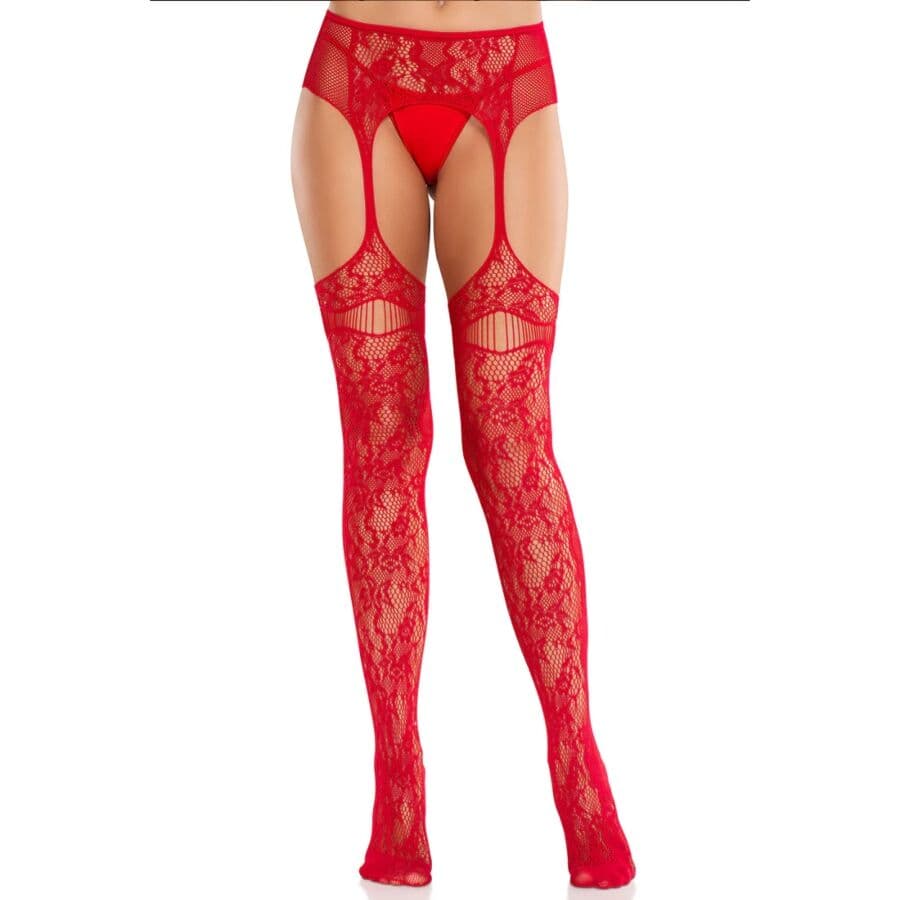 LEG AVENUE - MEIAS DE RENDA COM LIGAS VERMELHAS