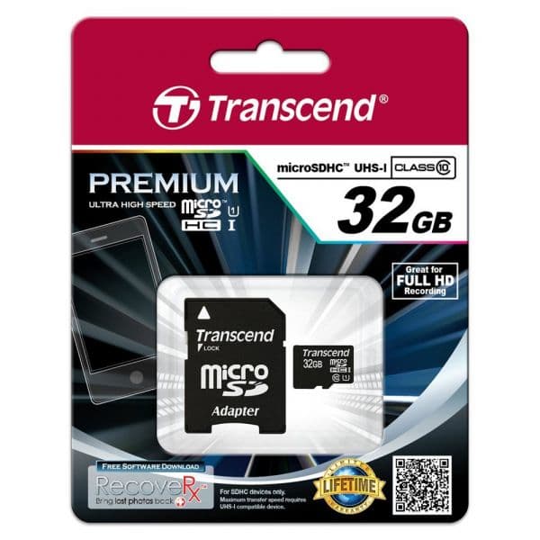 Transcend 32GB Micro SDHC Class 10 UHS-I + Adaptador - TS32GUSDU1