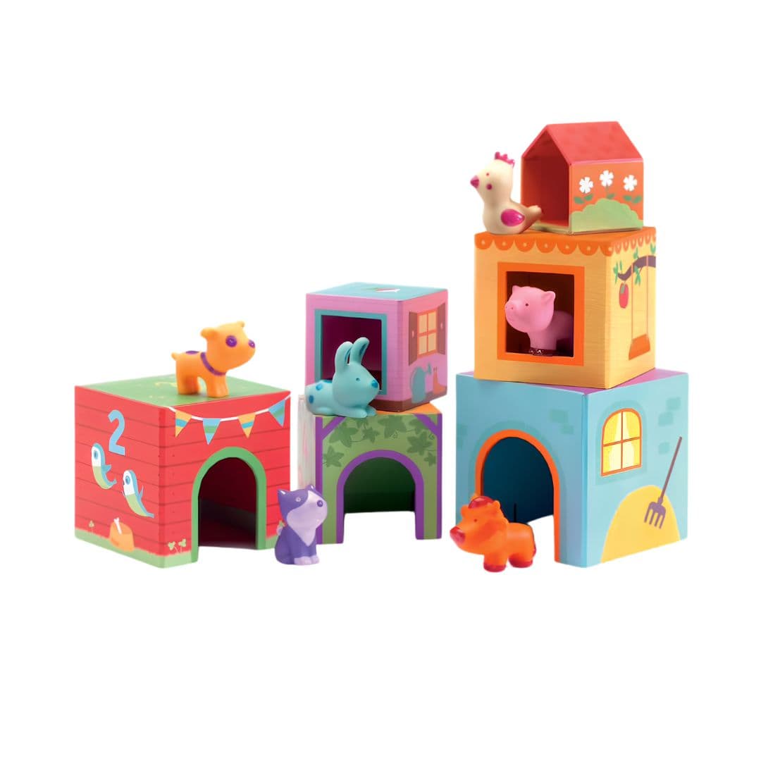 Djeco topanifarm – jogo de empilhar blocos e animais +18 meses