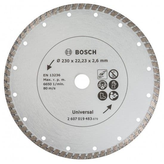 Disco de corte de diamante de Ø 230 mm, para cortes precisos e limpos em diversos materiais de construção. Disco de corte com diamante Turbo refª 2607019483 BOSCH