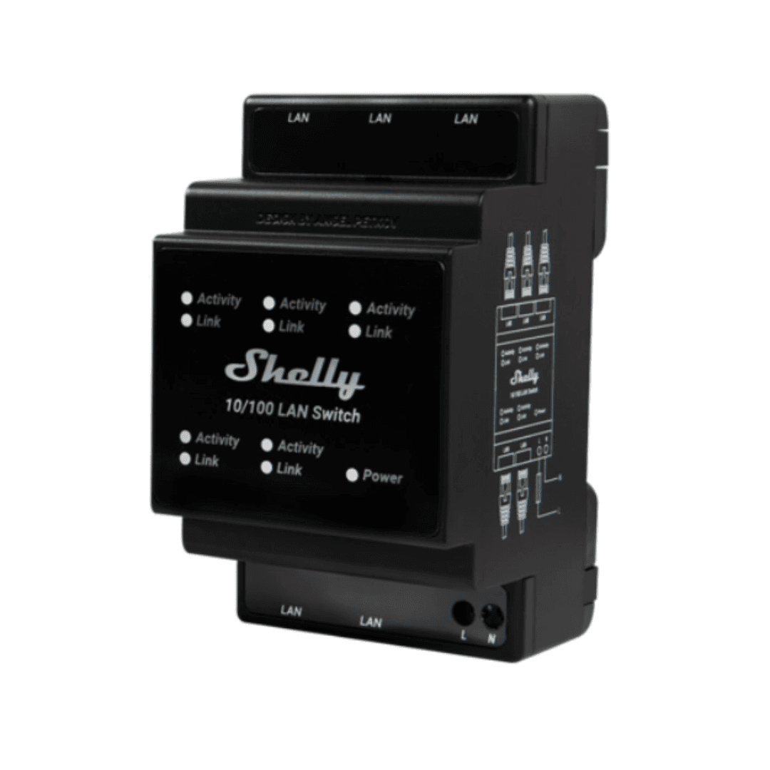 Shelly LAN Switch de 5 portas - 10/100Mbps para montar em calha DIN