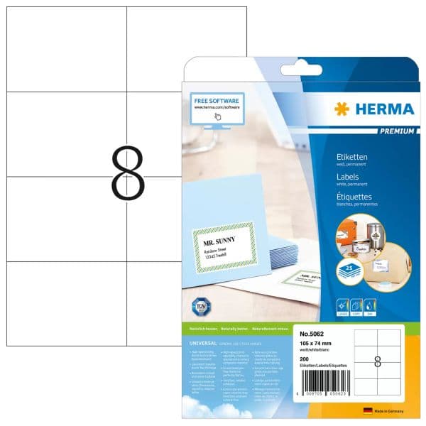 Herma 5062 Etiquetas Autoadesivas A4 Premium Brancas 105x74 mm 200 Fichas