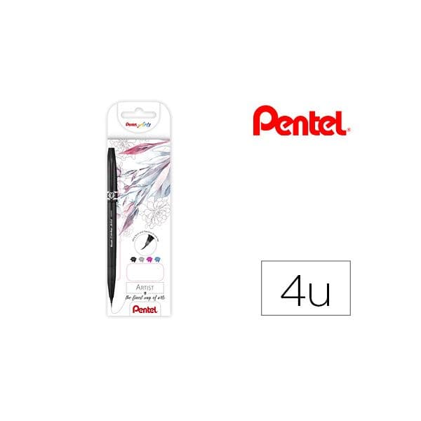 Pentel Caneta Pincel Artist em Blister de 4 Cores Preto Cinza, Azul Céu e Rosa