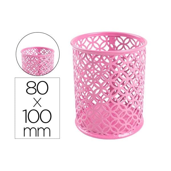Q-Connect Porta-Lápis Metal Redondo Rosa, Desenho Rede, 80mm x 100mm