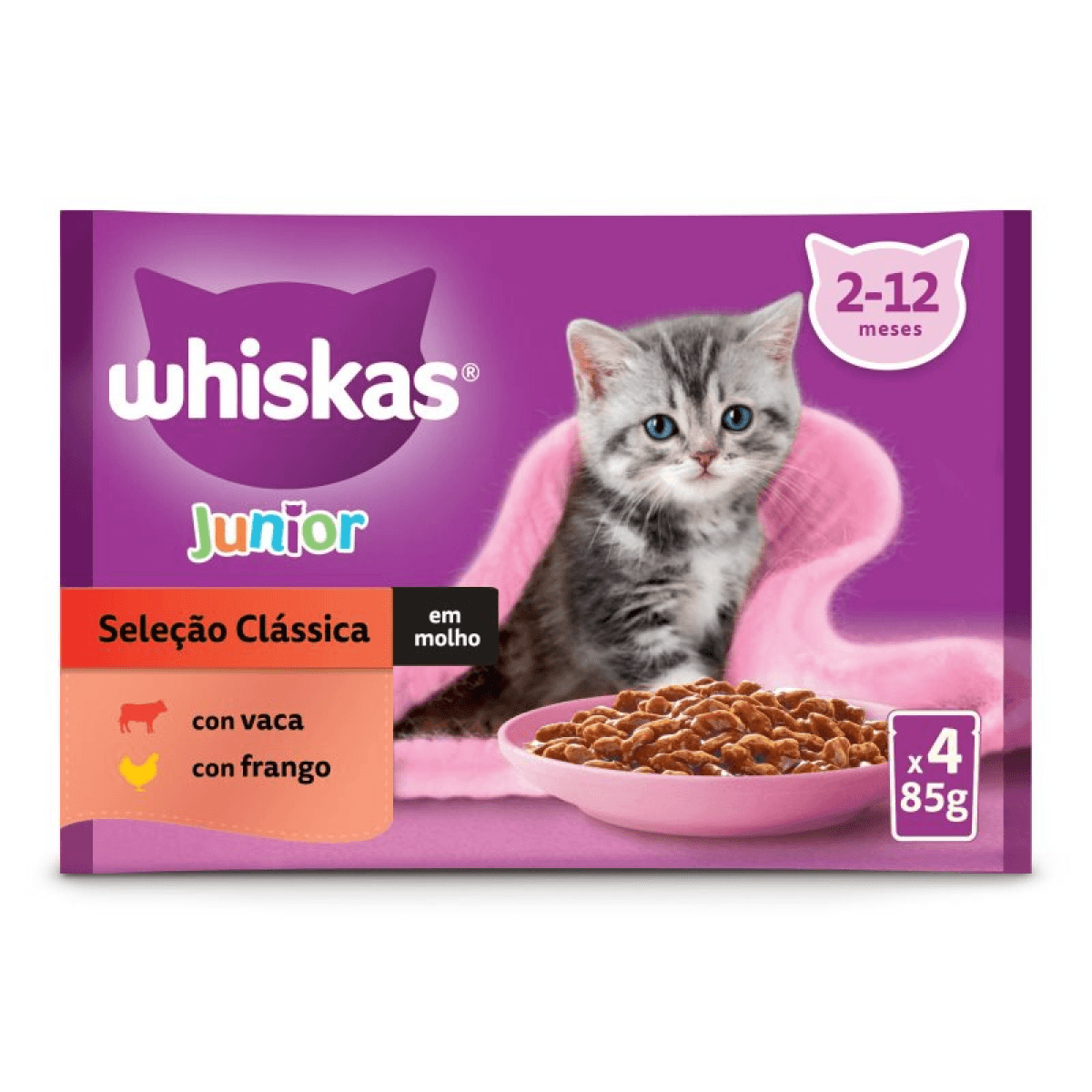 Ração Húmida WHISKAS Gato Júnior Carne 4x85g