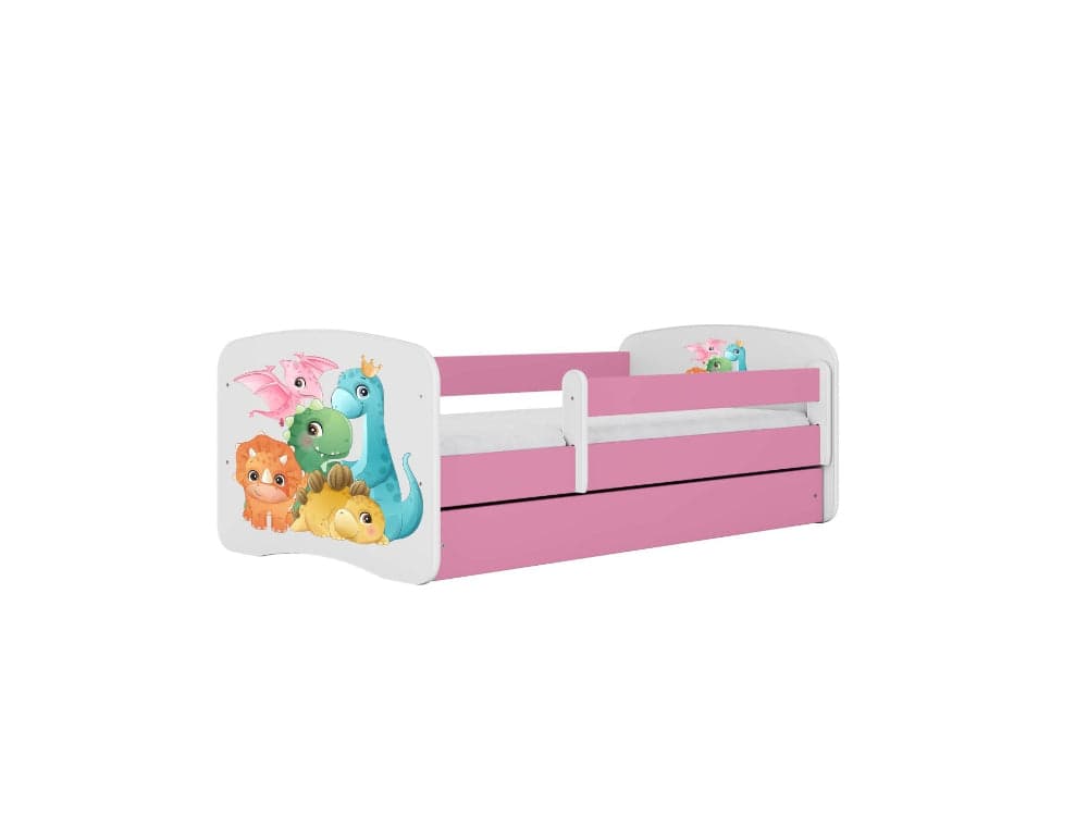 Cama 180 x 80 cm Kocot Kids com gaveta e colchão BabyDreams Tiny Dinos Pink