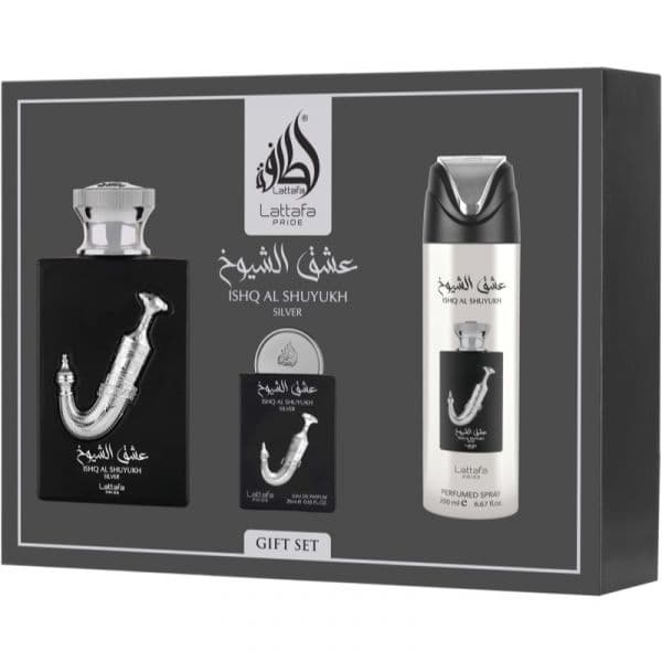Lattafa Ishq Al Shuyukh Silver Eau de Parfum100ml + Eau de Parfum 20ml + Perfumed Desodorizante Spray 200ml Coffret