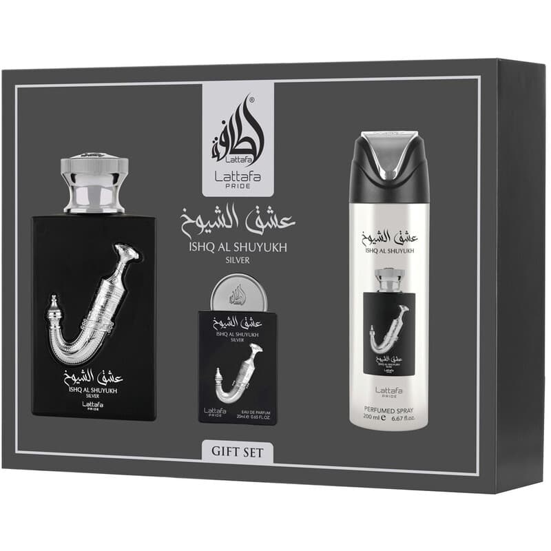 Lattafa Ishq Al Shuyukh Silver Eau de Parfum100ml + Eau de Parfum 20ml + Perfumed Desodorizante Spray 200ml Coffret