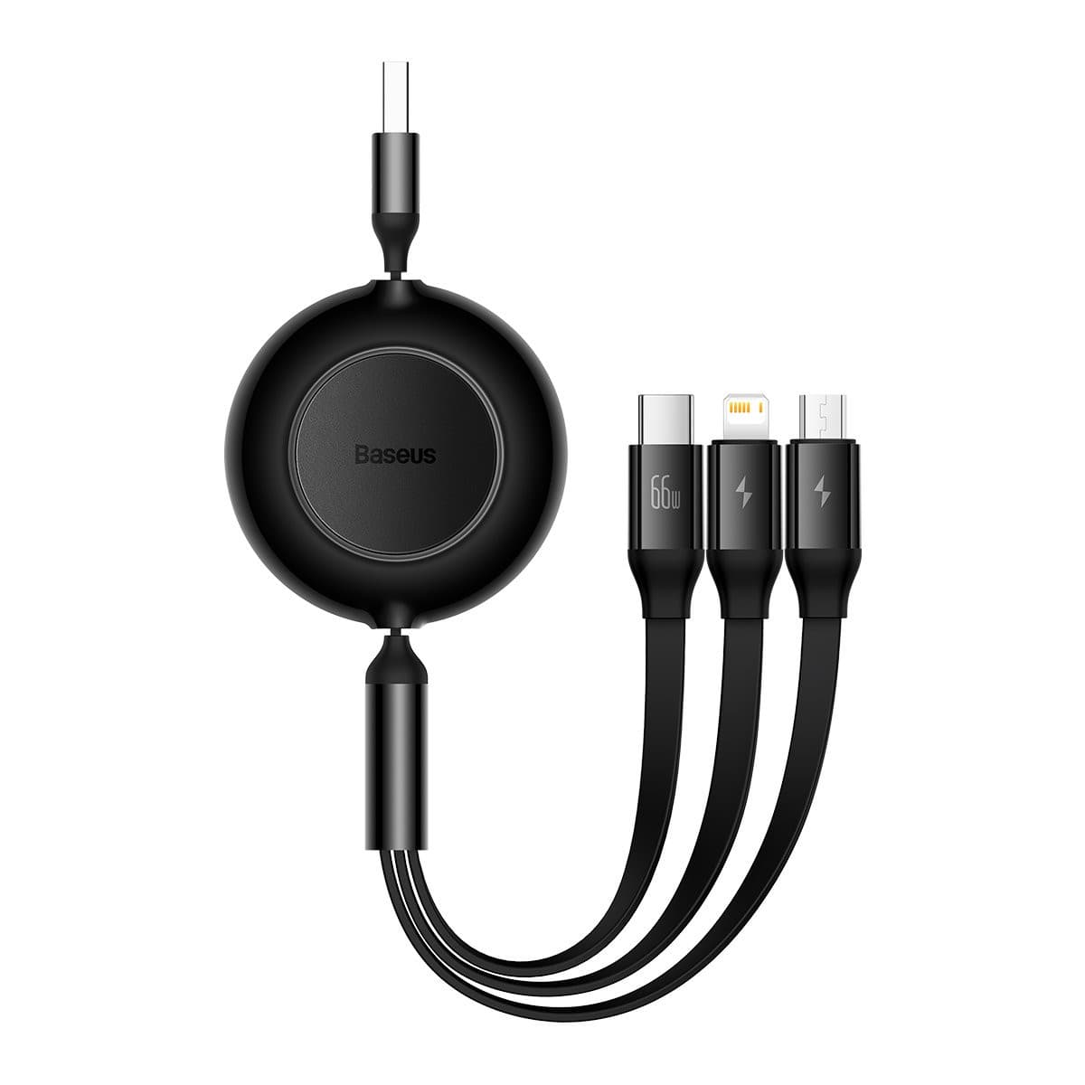 Cabo Baseus Bright Mirror 2 Retrátil 3 em 1 USB Tipo A para Micro USB, Lightning e Tipo C 66W Preto