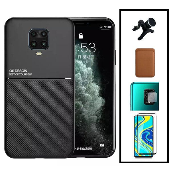 Kit Capa Magnetic Lux + Magnetic Wallet Castanho + 5D Full Cover + Película de Câmara Traseira + Suporte Magnético de Carro Reforçado para Xiaomi Redmi Note 10 Lite
