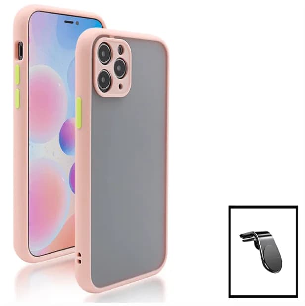 Kit Capa Anti Choque Camera Protection + Película 5D Full Cover + Suporte Magnético L Safe Driving Carro para Apple iPhone 13 Pro - Rosa