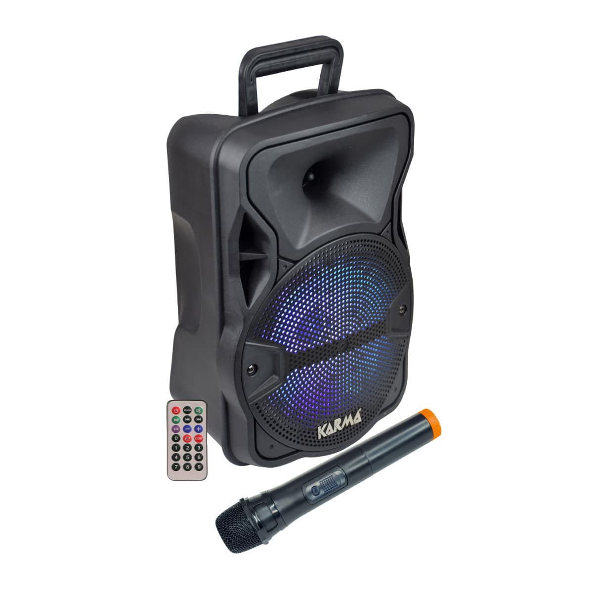 Coluna Portátil 8″ com USB, Rádio e Microfone sem fios