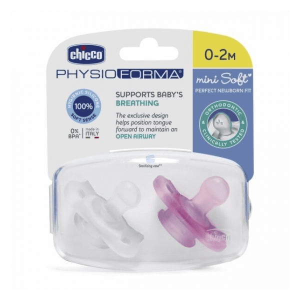 Chicco Chupeta Silicone Physio Forma Mini Soft 0-2m 2 Unidades Rosa/Neutro