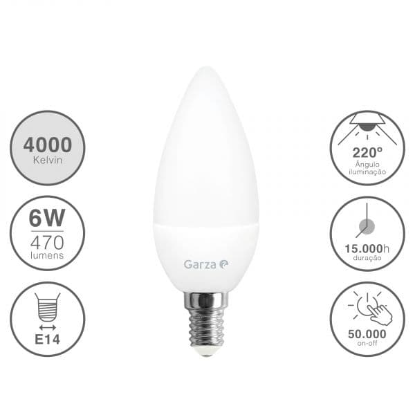 Garza Lighting Lâmpada led Vela 5W, E14, 220º, 400 Lúmenes, 4000 K, Luz Neutra