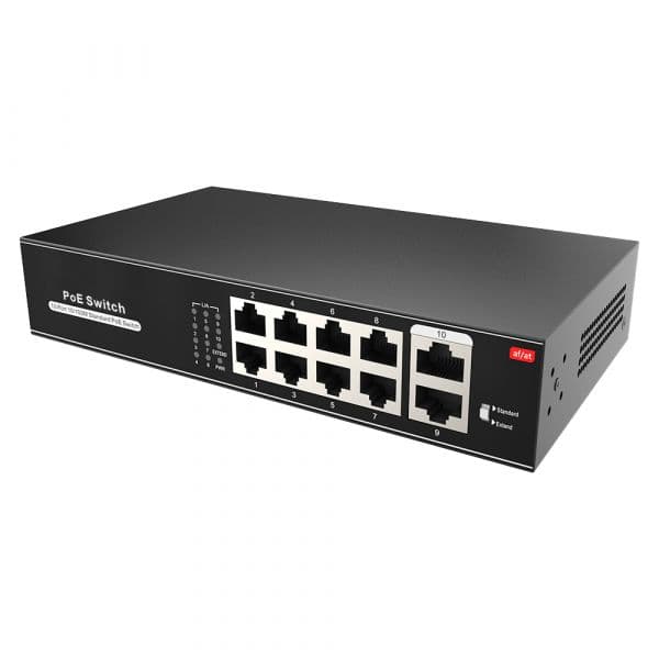 Switch PoE 8 portas PoE + 2 Uplink RJ45 Velocidade 10/100 Mbps Funções: Ai VLan/QOS/CCTV Extend/PoE Padrão IEEE802.3af (PoE) / at (PoE+) Até 100W no total para todas as portas SW1008POE-100-E