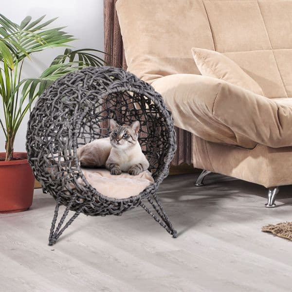 Pawhut Caverna de Vime com Almofada Base Elevada com 3 Pernas ?52x58 cm Cinza Prateado