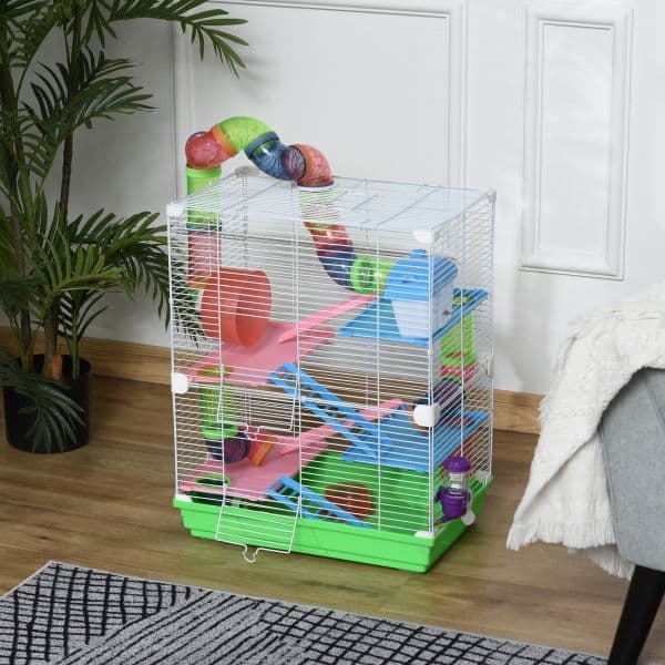 Pawhut Gaiola Hamster com 5 Plantas Escada Alimentador Bebedor Roda e Túnel 46x30x58cm Verde e Branco