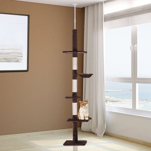 Pawhut Árvore Arranhadora Arranhador Fixar Ao Teto Altura Ajustável com Plataformas Poste de Sisal 40x34x230-260cm Marrom