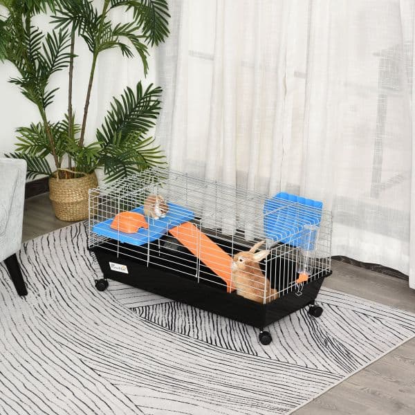 Pawhut Homcom Gaiola Roedores Pequenos com Rodas Habitat Furões Porquinho da India com Comedouro Bebedouro Rampa 89x44x43cm Preto