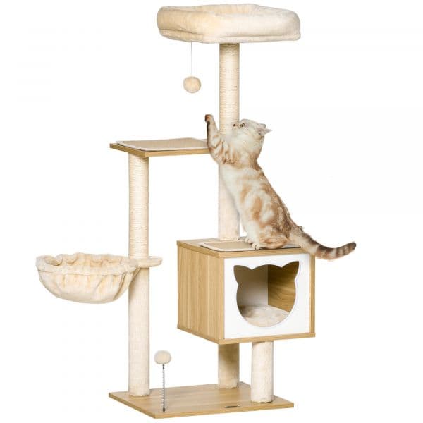 Pawhut Árvore Arranhador com Plataforma Rede Caverna Cama Postes de Sisal e Bolas de Brincar 48x40x126 cm Bege
