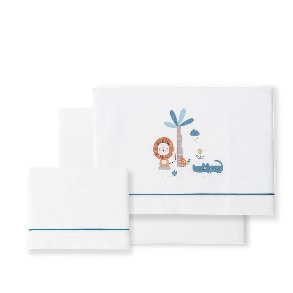 Jogo 3Pcs Cama 70X140(Lençol166X112+Lençol Colchão140X80X14+Almofada72X30)Alg. Leon Azul escuro Interbaby