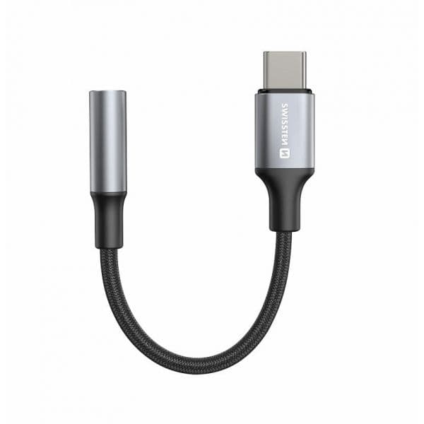 SWISSTEN Adaptador Áudio USB-C para Jack 3.5mm 12cm/15cm Preto/Cinzento Textile