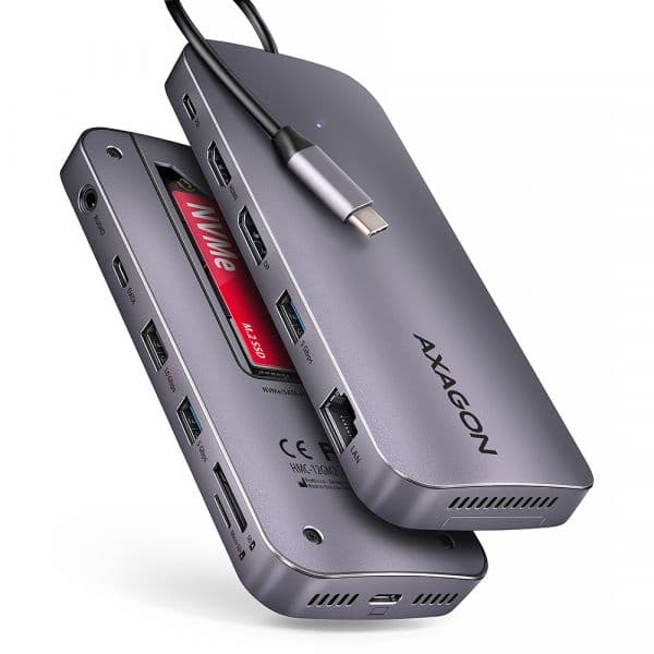 AXAGON Multiport-Hub USB-C 3.2 Gen 2 hub w. M.2 SATA/NVMe + HDMI + DP + 3x USB-A + USB-C + RJ-45 + SD/mSD + audio + PD 100W
