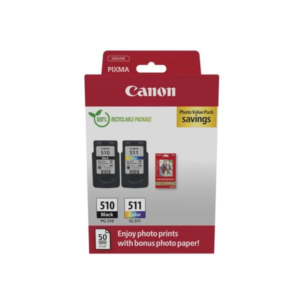 Tinteiro Canon PG-510/CL-511 Multipack Preto + Cores + Papel Fotográfico