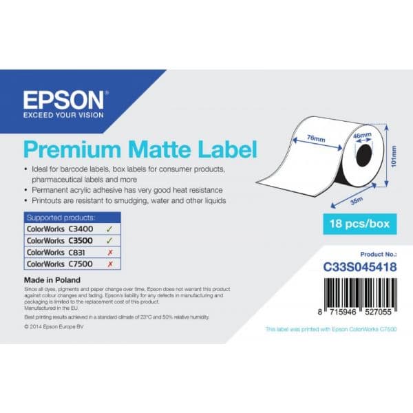 Epson Rolo Etiqueta Premium Matte 76mmx35m Tm-c3400 Series - C33s045418