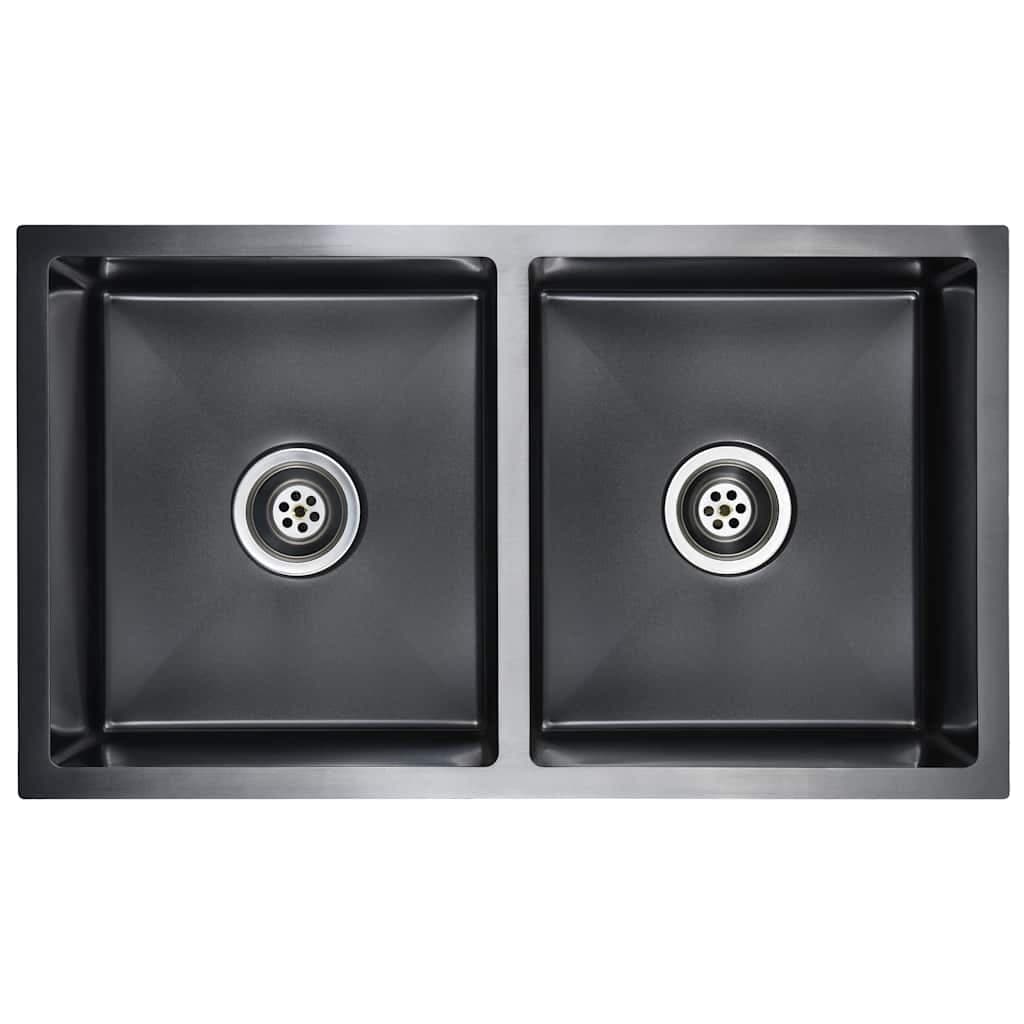 vidaXL Lava-louça de cozinha artesanal aço inoxidável preto