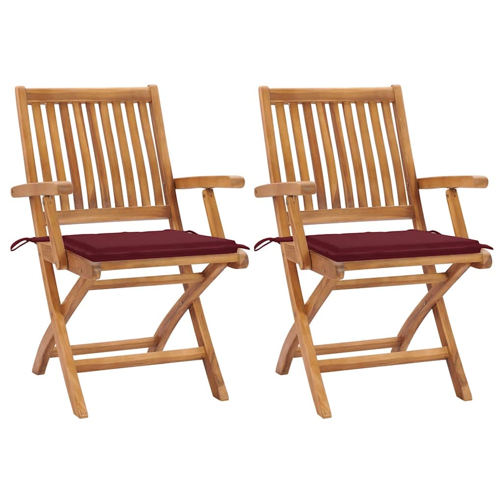 vidaXL Cadeiras jardim c/ almofadões vermelho tinto 2 pcs teca maciça