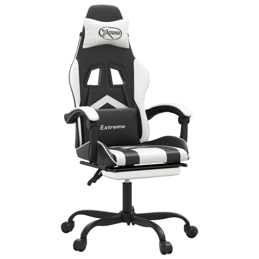 vidaXL Cadeira gaming giratória c/ apoio pés couro artif. preto/branco