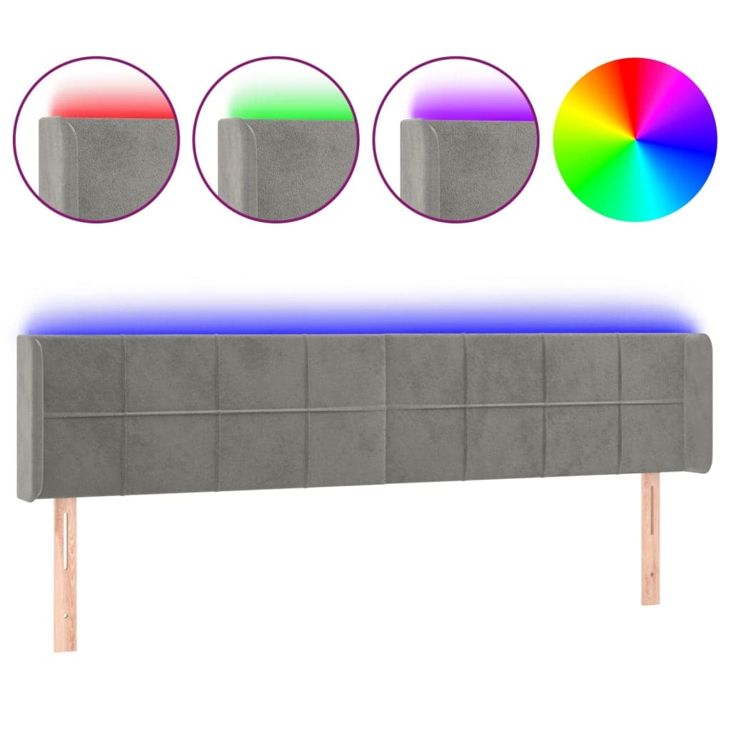 vidaXL Cabeceira cama c/ luzes LED veludo 183x16x78/88 cm cinza-claro
