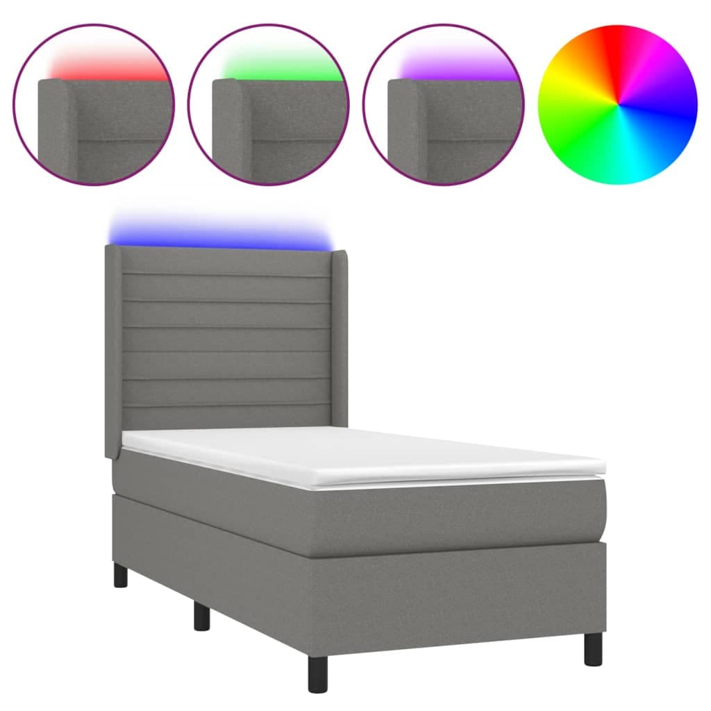 vidaXL Cama Box Spring com Colchão e LED 100x200 cm Tecido Cinza-escuro - 1346763655