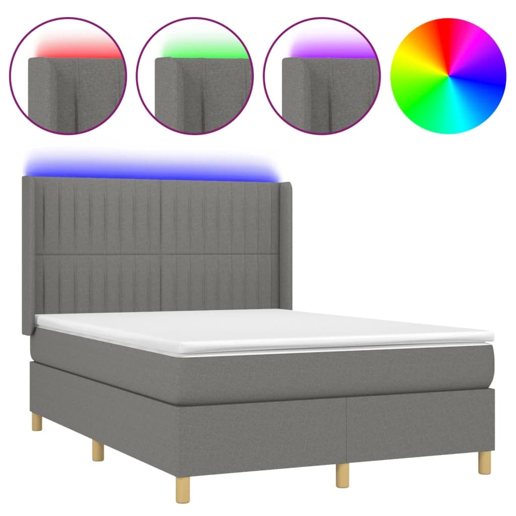 vidaXL Cama Box Spring com Colchão e LED 140x190 cm Tecido Cinza-escuro - 2310939558