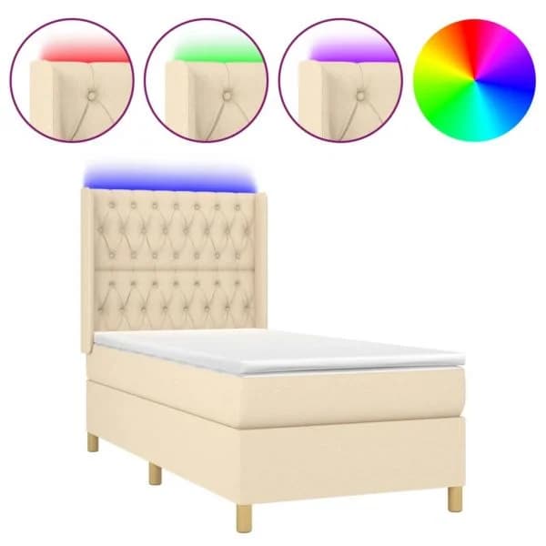 vidaXL Cama Box Spring com Colchão e LED 80x200 cm Tecido Cor Creme - 3938394811