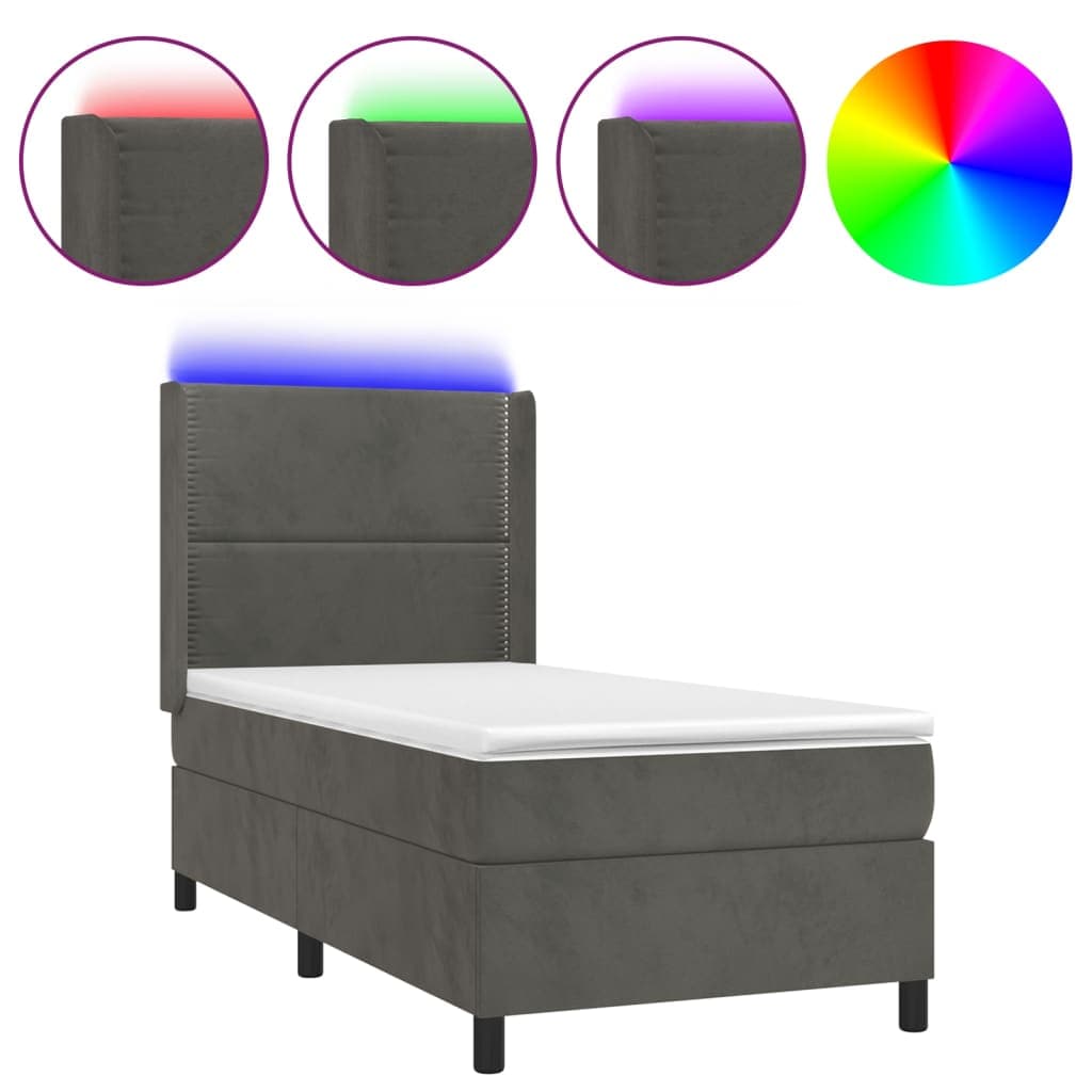 vidaXL Cama box spring c/ colchão/LED 100x200cm veludo cinzento-escuro