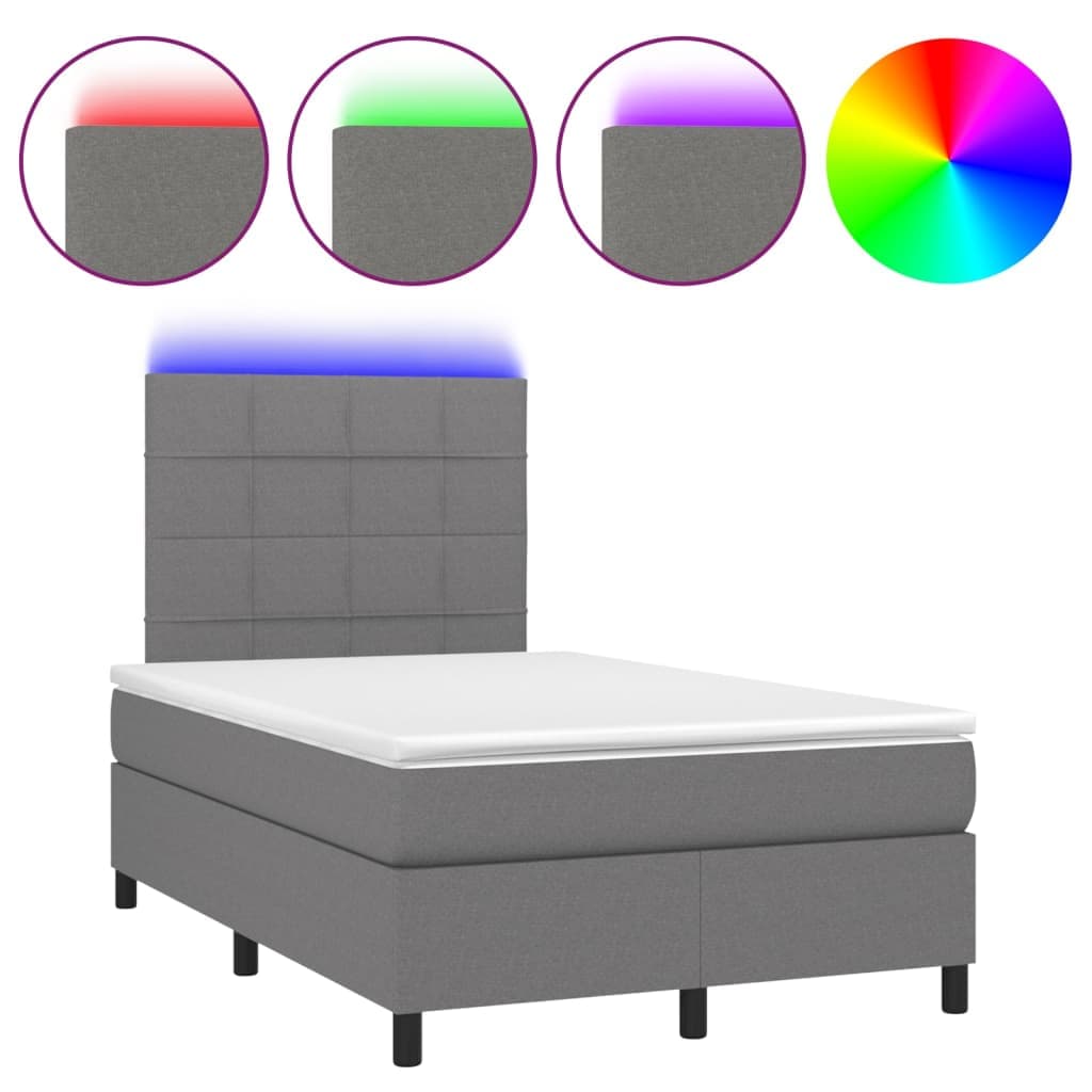 vidaXL Cama Box Spring com Colchão e LED 120x200 cm Tecido Cinza-escuro - 3871227818