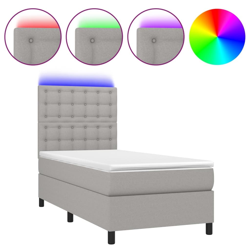 vidaXL Cama box spring c/ colchão e LED 90x200 cm tecido cinza-claro