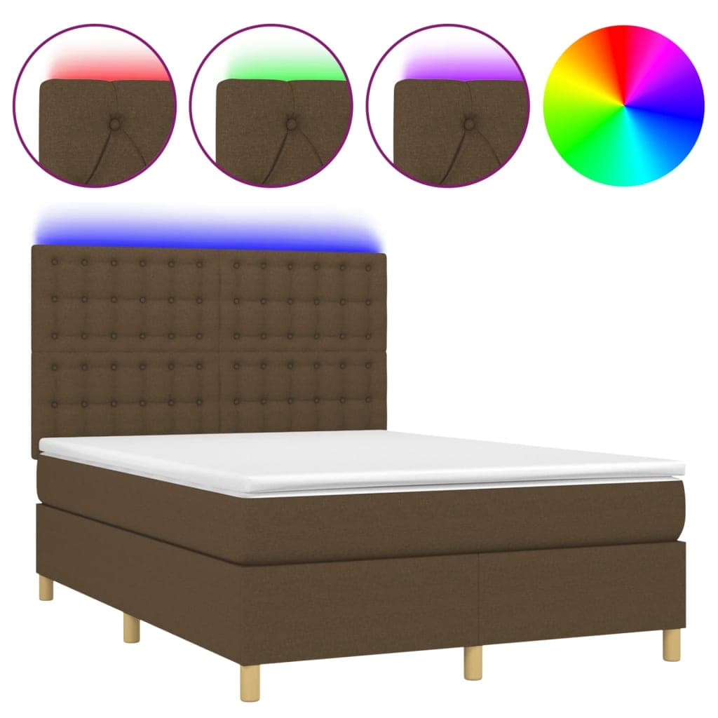 vidaXL Cama box spring c/ colchão/LED 140x200cm tecido castanho-escuro