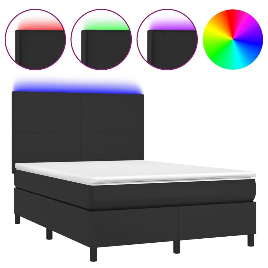 vidaXL Cama box spring c/ colchão/LED 140x200cm couro artificial preto
