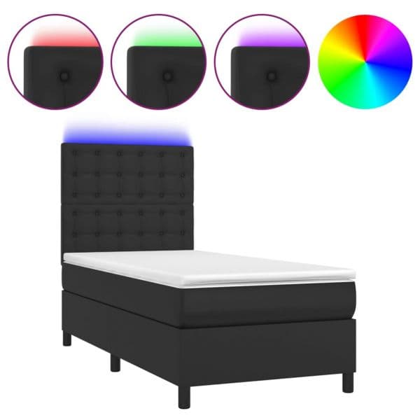 vidaXL Cama Box Spring com Colchão/led 80x200 cm Couro Artificial Preto - 2655538422