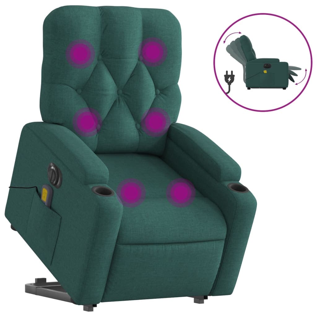 vidaXL Poltrona Elétrica Elevatória Massagens Tecido Verde-escuro - 133899050