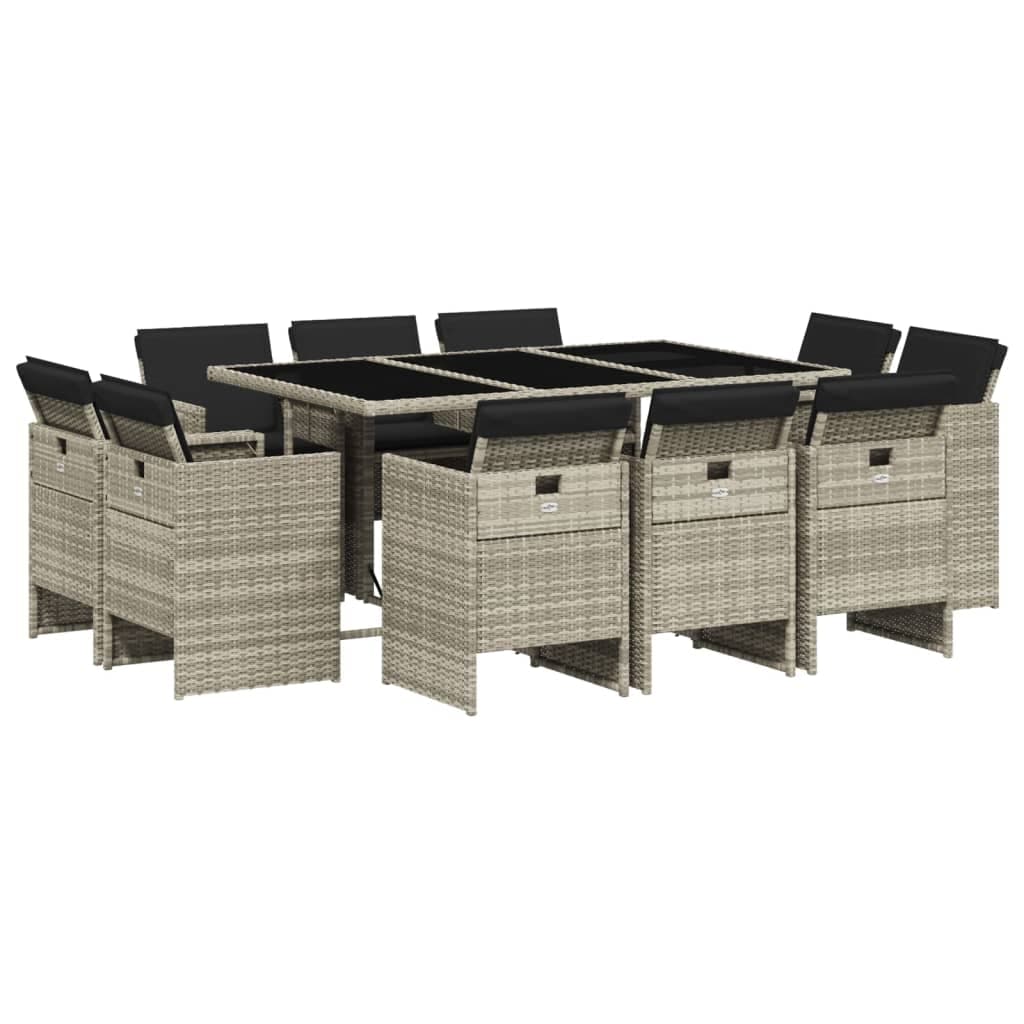 vidaXL 11 pcs conjunto jantar p/ jardim c/ almofadões vime PE cinzento