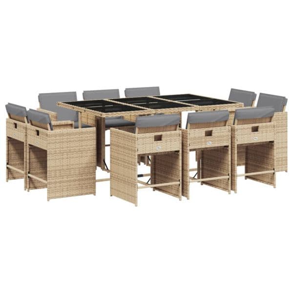 vidaXL 11 Peças Conjunto Jantar Jardim com Almofadões Vime Pe Bege Misturado - 1877146951