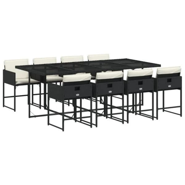 vidaXL 9 Peças Conjunto de Jantar para Jardim com Almofadões Vime Pe Preto - 3647845343
