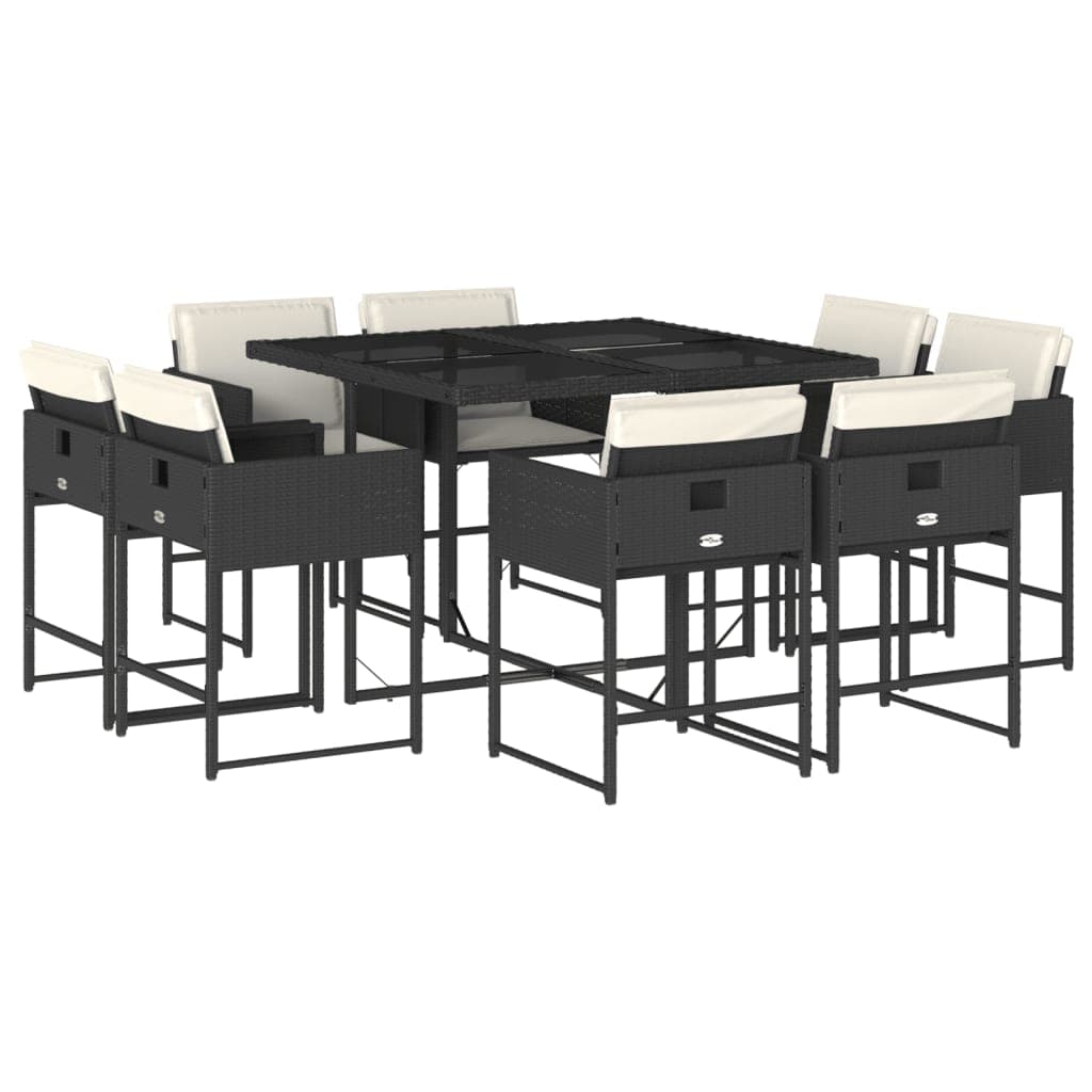 vidaXL 9 pcs conjunto de jantar p/ jardim c/ almofadões vime PE preto