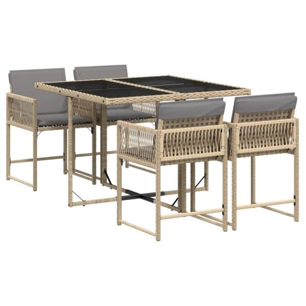 vidaXL 5 Peças Conjunto Jantar Jardim com Almofadões Vime Pe Bege Misturado - 4162196636