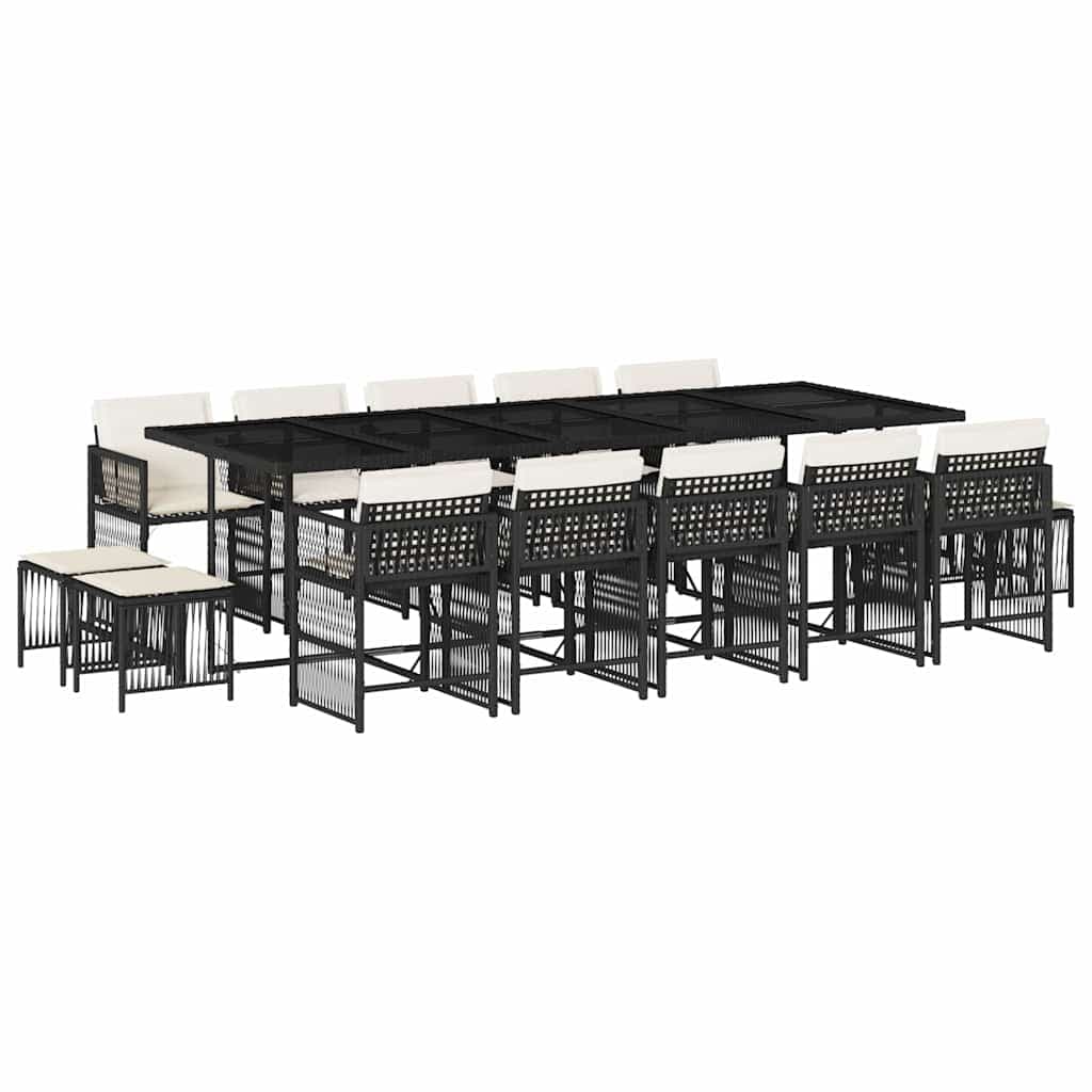 vidaXL 15 pcs conjunto de jantar p/jardim com almofadões vime PE preto