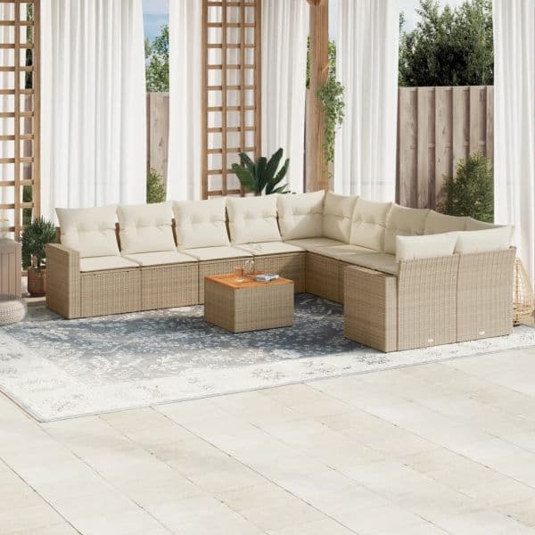 vidaXL 11 Peças Conjunto Sofás de Jardim com Almofadões Vime Pe Bege - 2057763774